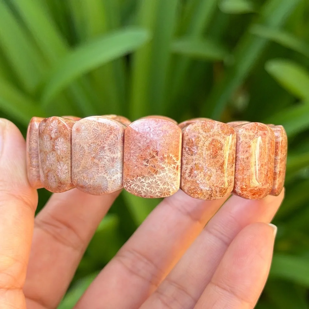 Stretchable red fossilized coral‎ soft bangle 0699